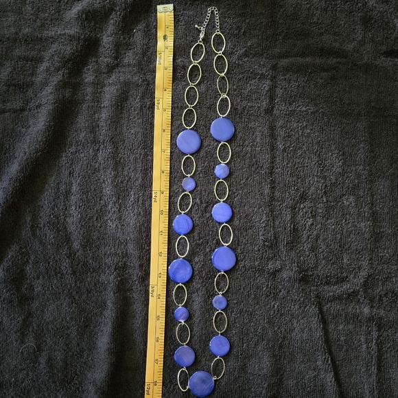 Long Blue Disc Beaded Necklace - Silver Tone Chain - Picture 4 of 4